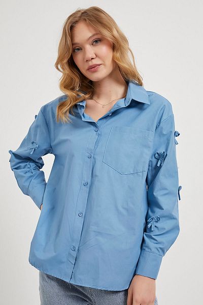 Arma Life Cămașă albastră oversize pentru femei, cu buzunare cu fundă