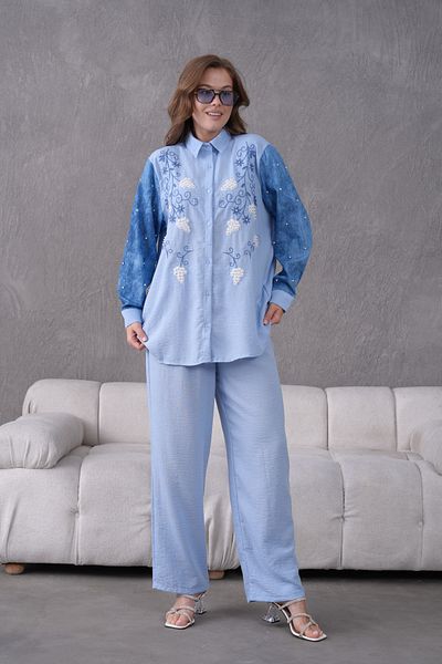 Miss Allos Women's Sleeves Denim Front Embroidered Pearl Detailed Linen Shirt and Pants Bottom Top Set