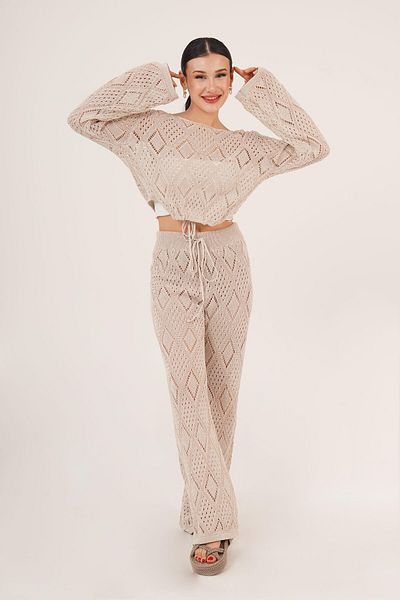 Hipo Trend Openwork Knitted Model Tied Crop Trousers Milk Brown Double Set
