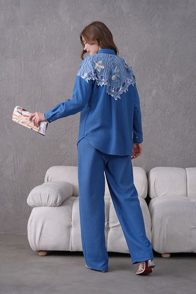 Miss Allos Women's Back Shawl Embroidery Tulle Flower and Stone Embroidered Denim Garnished Linen Shirt and Pants Bottom Top Set