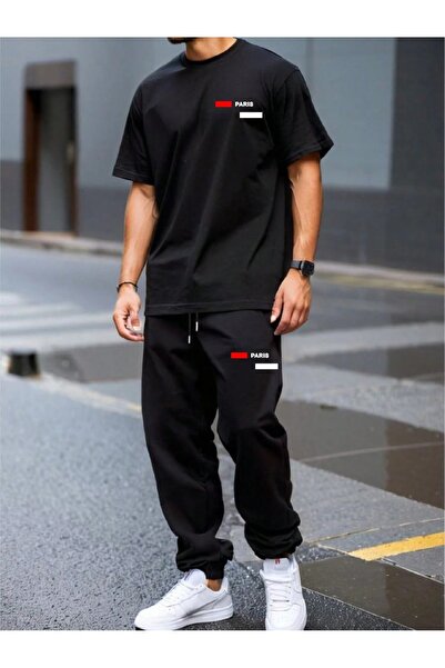 MEİLİFENG Men's Black Line Hardcore Paris Printed Oversize Tracksuit Set