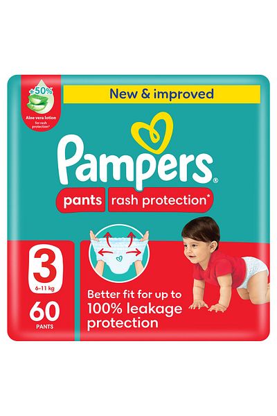 Pampers Rash Protection Pants Diapers, Size 3, 6-11kg, +50% Aloe Vera Lotion,Mega Pack, 60 Count
