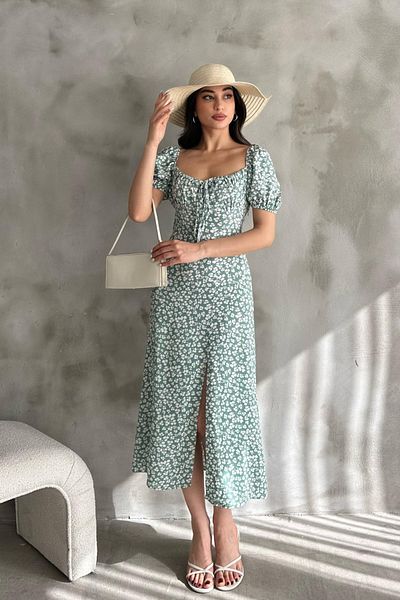 Mila Mint Green Patterned Slit Midi Dress