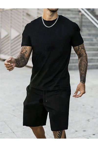 LA GULER Ανδρικό σετ 2 τεμαχίων Oversize Summer Plain Basic Μαύρο χτενισμένο βαμβακερό μπλουζάκι και σορτς