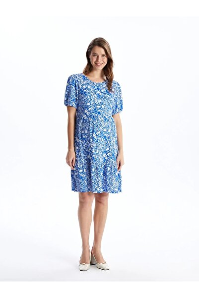 LC Waikiki LCWAIKIKI Maternity Синя сукня для вагітних з круглим вирізом і квітковим принтом та короткими рукавами