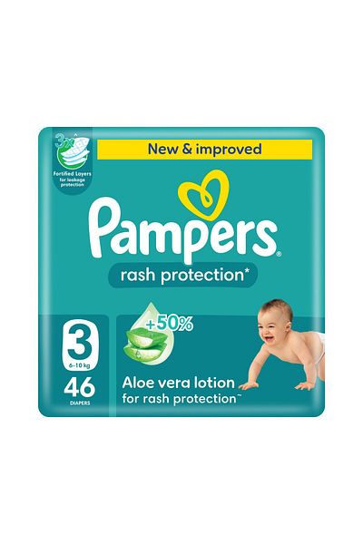 Pampers Rash Protect Taped Diapers, S3, 6-10kg,+50% Aloe Vera Lotion, 3x Fortified Layers,Jumbo Pack, 46 Ct