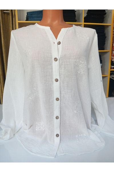 AKŞEN GİYİM Plus Size 100% Cotton Linen Embroidered Fold over Sleeve O-Neck Classic White Shirt