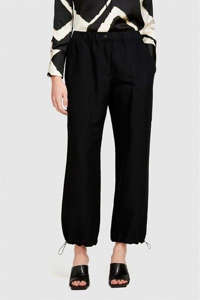 Sisley Linen Blended Elastic Waist Drawstring Trousers Women's Black Trousers - 324P40Brlf051