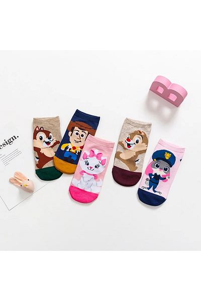 Choice B 5 Pairs Summer Kawaii Disney Cotton Socks Stitch Mickey Minnie Daisy Donald Duck Winnie Chip Judy.
