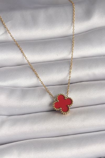 BESKAR 316L Steel Gold Color Red Clover Model Women's Necklace