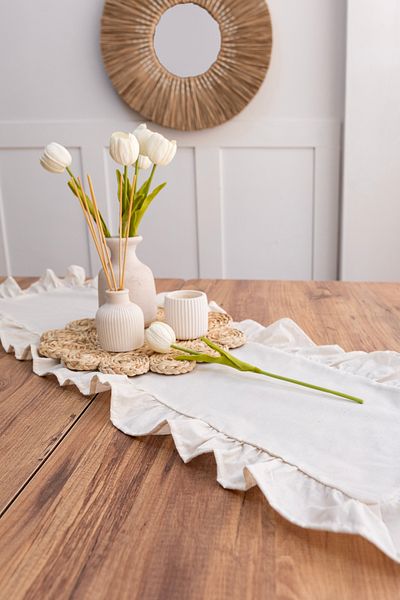 Morlay Raw Natural Frilly Linen Runner - 40X110 cm