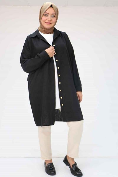Eslina 58054 Large Size Linen Shirt with Low Sleeve Cuffs - Black
