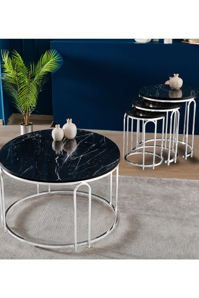 SEDAŞ LIVING UNITS Lenka Zigon Orta Sehpa Takımı Yuvarlak Gümüş Metal 3+1 -Si...