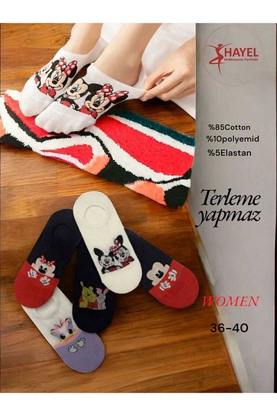 HAYEL 5 Pairs of Cute Animal Character Patterned Multicolor Women's Ballerina Sneaker Invisible Socks Seamless