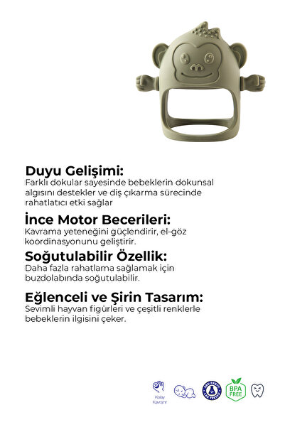 Kiki Diş Kaşıma Eldiveni - Silikon Bebek Diş Kaşıyıcı - Silikon Eldiven Dişlik Maymun
