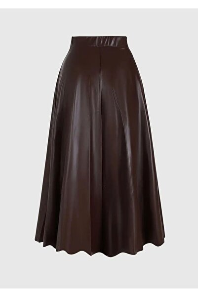 COUPEST Kadın Suni Deri Kahverengi Uzun Tesettür Mevlana Etek Faux Leather