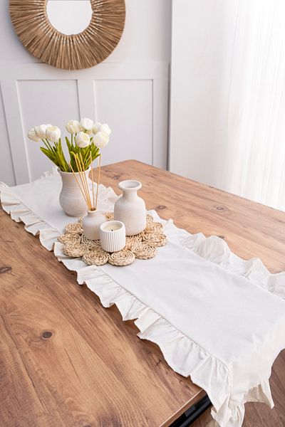 Morlay Raw Natural Frilly Linen Runner - 40X150 cm