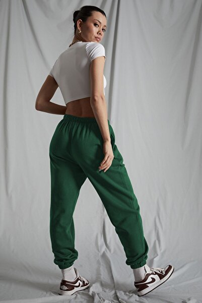 Madmext Kadın Koyu Yeşil Beli Lastikli Oversize Eşofman Altı Mg1235