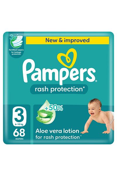 Pampers Rash Protect. Taped Diapers, S3, 6-10kg,+50% Aloe Vera Lotion, 3x Fortified Layers, Mega Pack, 68 Ct