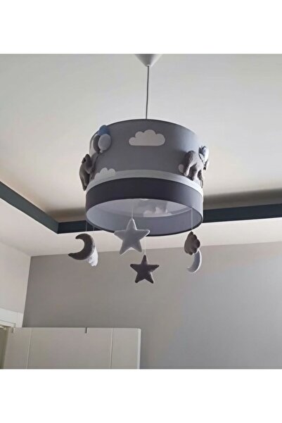 Leobabyroom Gri Bulutlu Fil Detaylı Antrasit Gri Renk Yıldız Bulut Ay Figürlü Bebek/Çocuk Odası Tasarım Avize