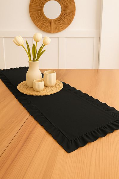 Morlay Natural Black Frilly Linen Runner - 40X150 cm