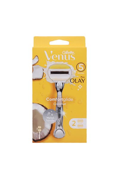 Gillette Venus 5 Blades Plus Olay Comfortglide Coconut Metal Handle + 2 Cartridge