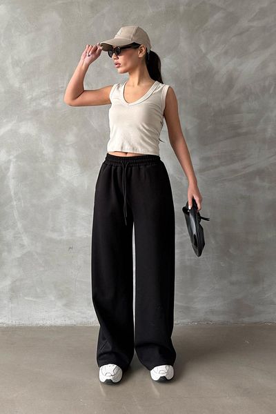 Madmext Pantaloni de trening de bază pentru femei, negri, cu talie reglabilă, cu picior largi, cu croiala relaxată MG2122