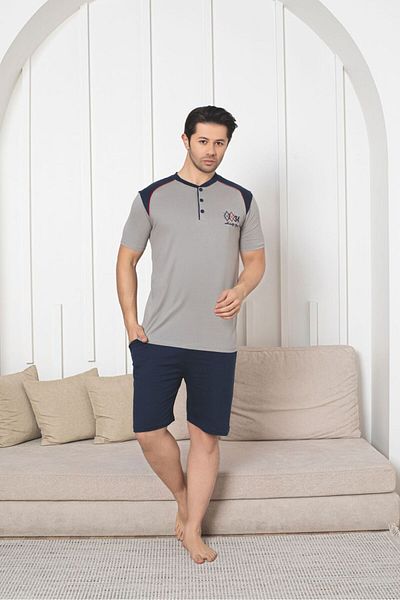 Asel Men's Cotton Knitted Short Sleeve Shorts Pajama Set with Pockets