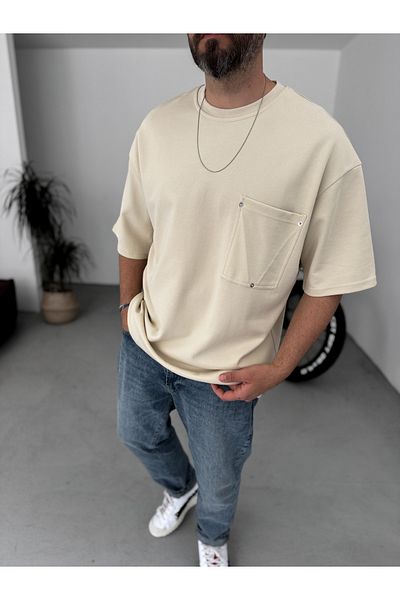 BYBASICMAN Beige Rivet Pocket Detailed Oversize T-Shirt Bs-004