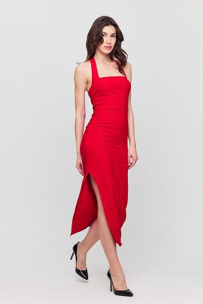 Ceylen Women's Neck Tie Square Neck Slit Midi Dress