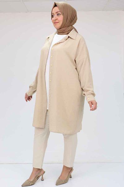 Eslina 58054 Large Size Linen Shirt with Low Sleeve Cuffs - Beige