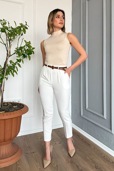 ModaPlaza Women's Skinny Leg Belted Trousers 4577
