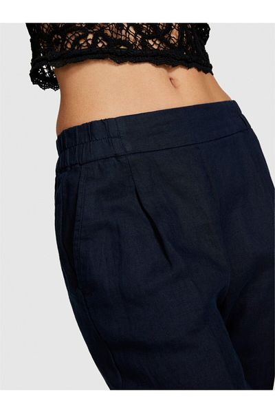 Sisley 100% Linen Elastic Sides Pleated Trousers Women's Navy Blue Trousers - 324P4Aghlf00S