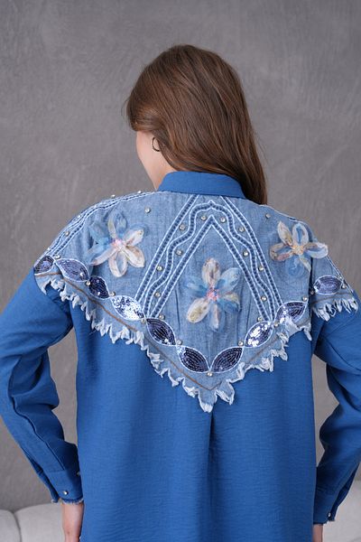 Miss Allos Women's Back Shawl Embroidery Tulle Flower and Stone Embroidered Denim Garnished Linen Shirt and Pants Bottom Top Set