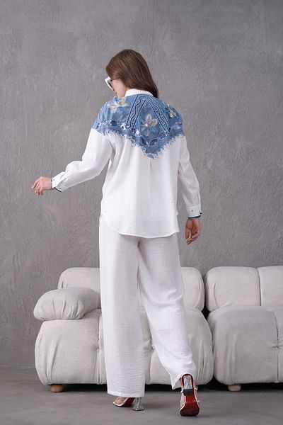 Miss Allos Women's Back Shawl Embroidery Tulle Flower and Stone Embroidered Denim Garnished Linen Shirt and Pants Bottom Top Set
