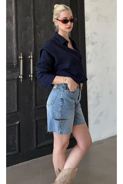 Madmext Pantaloni scurți albaștri din denim rupti lateral cu talie înaltă Mg1477