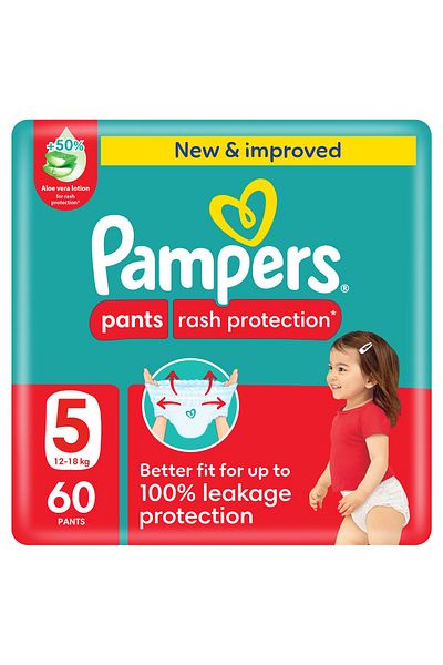 Pampers Rash Protection Pants Diapers, Size 5, 12-18kg, +50% Aloe Vera Lotion, Giant Pack, 60 Count