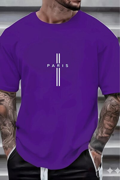 NO 601 Ανδρικό μπλουζάκι με μωβ ριγέ Paris printed oversize