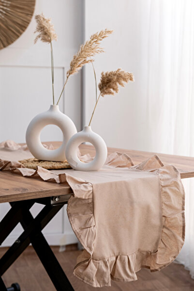 Morlay Natural Brown Frilly Linen Runner - 40X150 cm