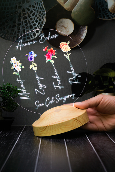 SEVGİLAMBASI Annemin Bahçesi – Kişiye Özel Çiçekli Anneler Günü Hediyesi LED Lamba Anneye & Kayınvalideye Hediye