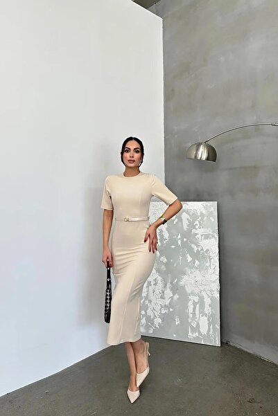 Deafox Bej Bisiklet Yaka Kemer Detaylı Kısa Kol Krep Kumaş Abiye Elbise