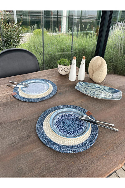 homeınn Set de masă rotund pentru 2 persoane, rezistent la pete - Supla Albastru/Alb 33x33 Cm