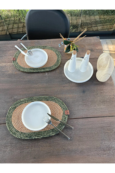 homeınn Bohemian Style 2-Piece Natural Rope American Tablecloth – Wicker Look, Stain Resistant, Natural-Green (40X28 cm)