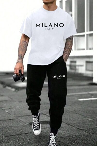 MEİLİFENG Men's Black Milano Printed Oversize Tracksuit Suit