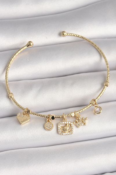BESKAR Brass Gold Color Hanging Zircon Stone Teddy Bear Figure Crown Detail Charm Women's Bracelet