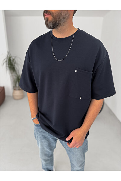 BYBASICMAN Navy Blue Rivet Pocket Detailed Oversize T-Shirt Bs-004