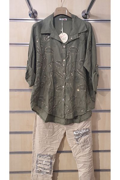Park Moda Leaf Pattern Sequin Embroidered Shirt