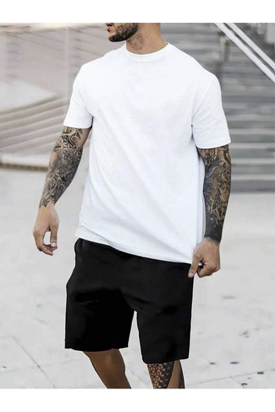 LA GULER Ανδρικό σετ 2 τεμαχίων Oversize Summer Plain Basic Λευκό χτενισμένο βαμβακερό μπλουζάκι και σορτς