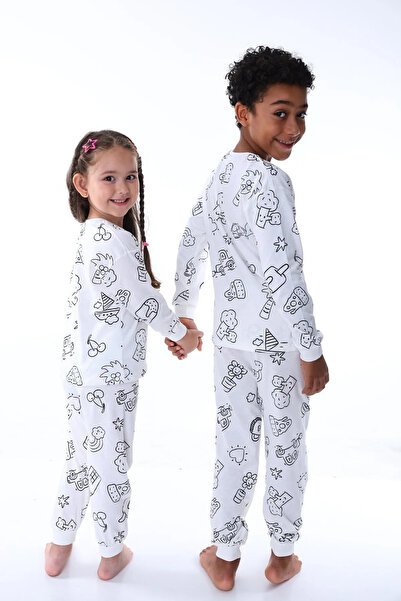 Huq Moda Kids Painting Pen with Long Sleeves Top Cute Figures Paintable Children's Pajama Set
