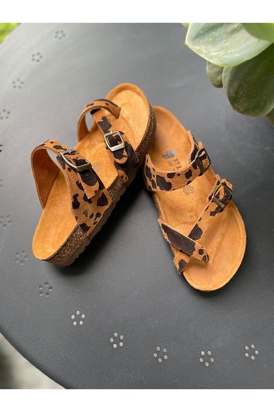 Land of Cork Anatomical Natural Cork Sole Flip Flops Cow Animal Print Leather Women's Slippers